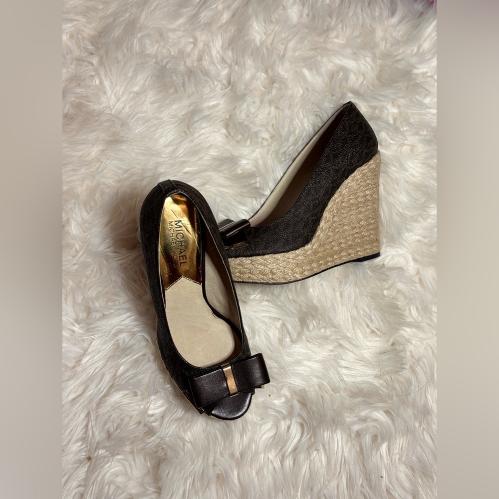 Michael Kors Black Wedge Espadrille Peep-Toe Pumps